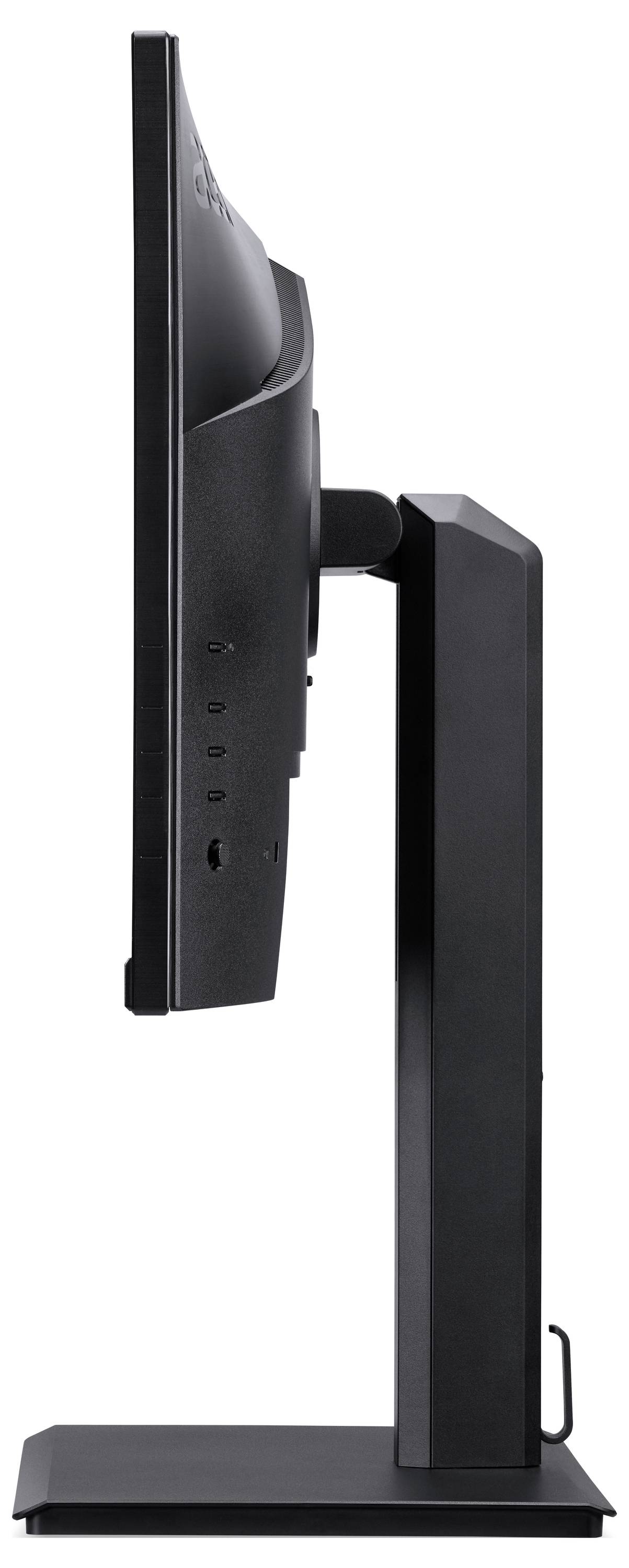 Monitor z płaskim ekranem widziany z boku, prezentujący swoją smukłą sylwetkę i regulowaną podstawę.