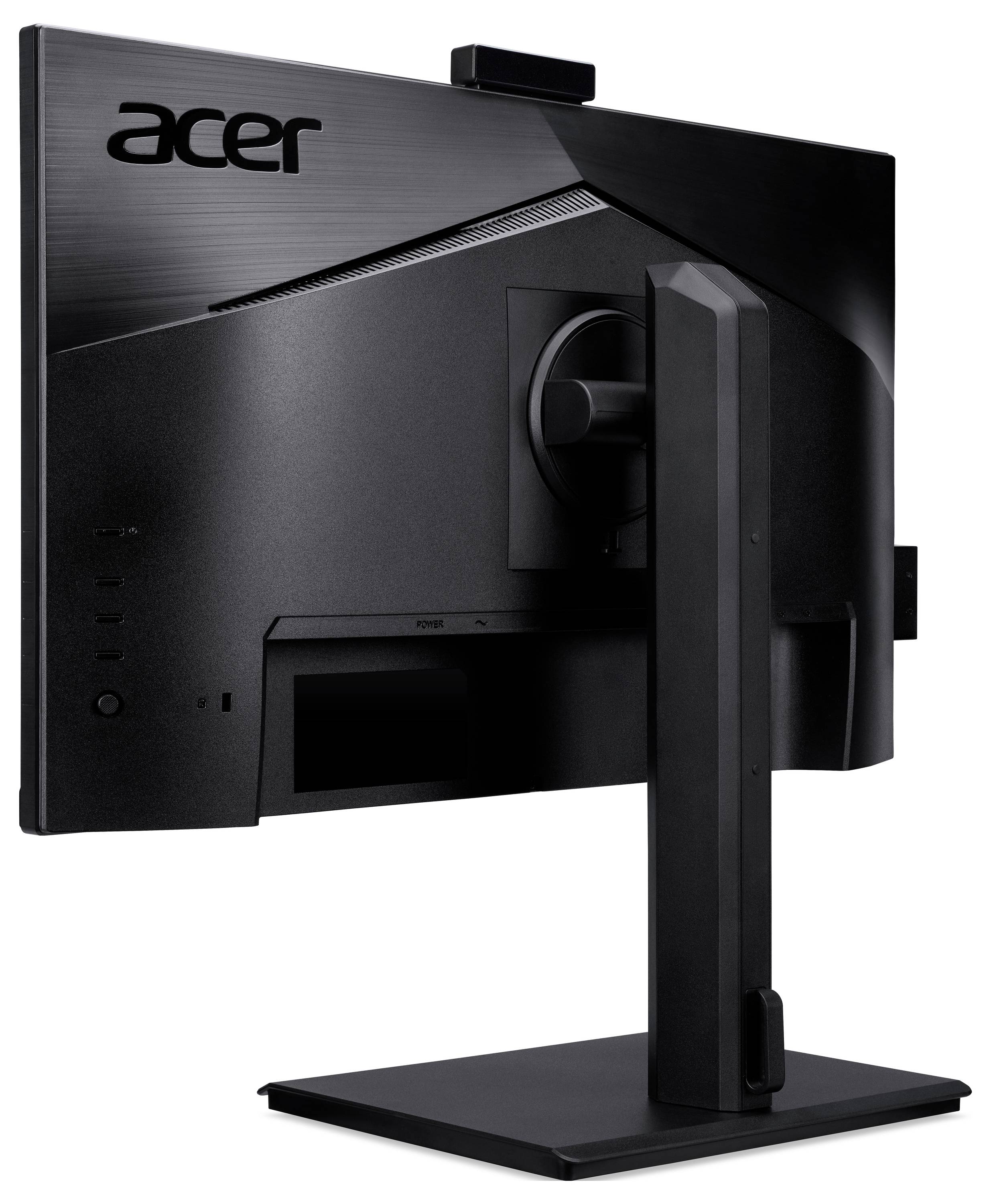 Czarny monitor komputerowy Acer widziany z tyłu, umieszczony na stabilnym stojaku, z widocznymi przyciskami i fakturowaną powierzchnią.