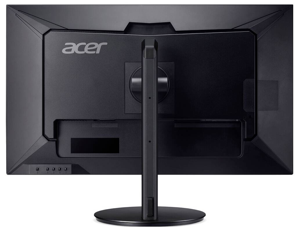 Widok z tyłu czarnego monitora komputerowego Acer, prezentujący jego podstawę, tylne porty oraz kątową stylistykę, z widocznym logo Acer.