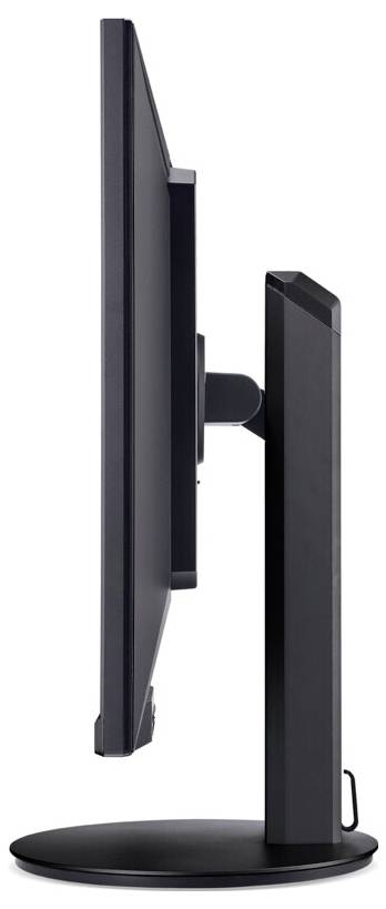 Widok z boku czarnego płaskiego monitora komputerowego na okrągłej podstawie, ukazujący jego smukły profil i regulowaną stopkę.