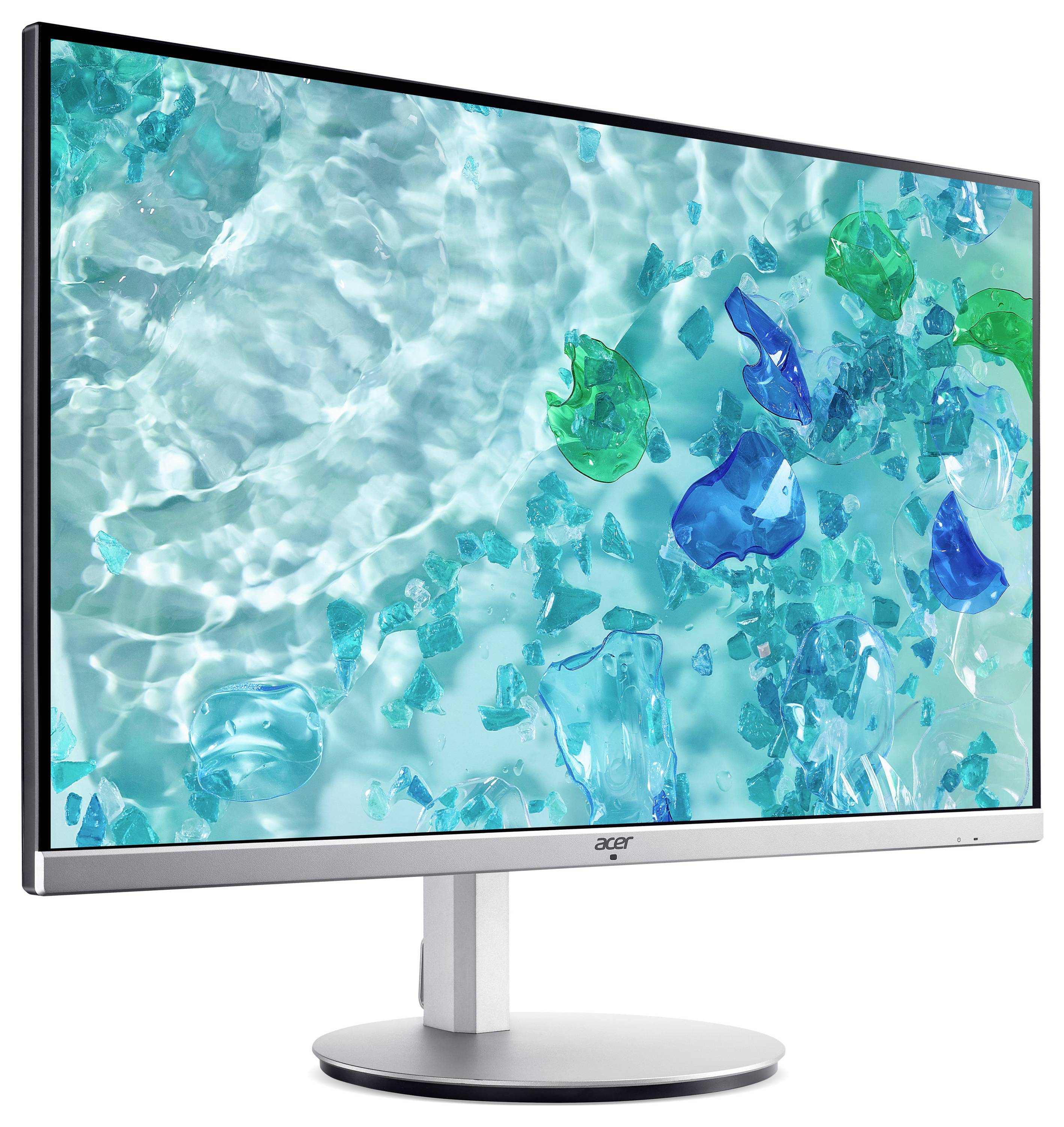 Monitor Acer z wyświetlaczem o wysokiej rozdzielczości, prezentujący żywy tematyczny background podwodny w odcieniach niebieskiego i zielonego.