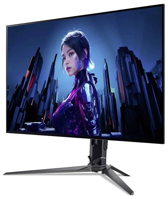 Smukły monitor komputerowy wyświetlający futurystyczną scenę z kobietą-robotem i tłem miejskiego krajobrazu, podkreślający zaawansowaną technologię.