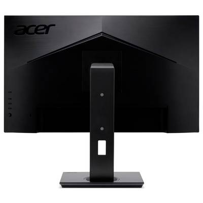 Widok z tyłu czarnego monitora Acer o kanciastej stylistyce, pokazujący jego podstawę i statyw, z logo Acer w lewym górnym rogu.