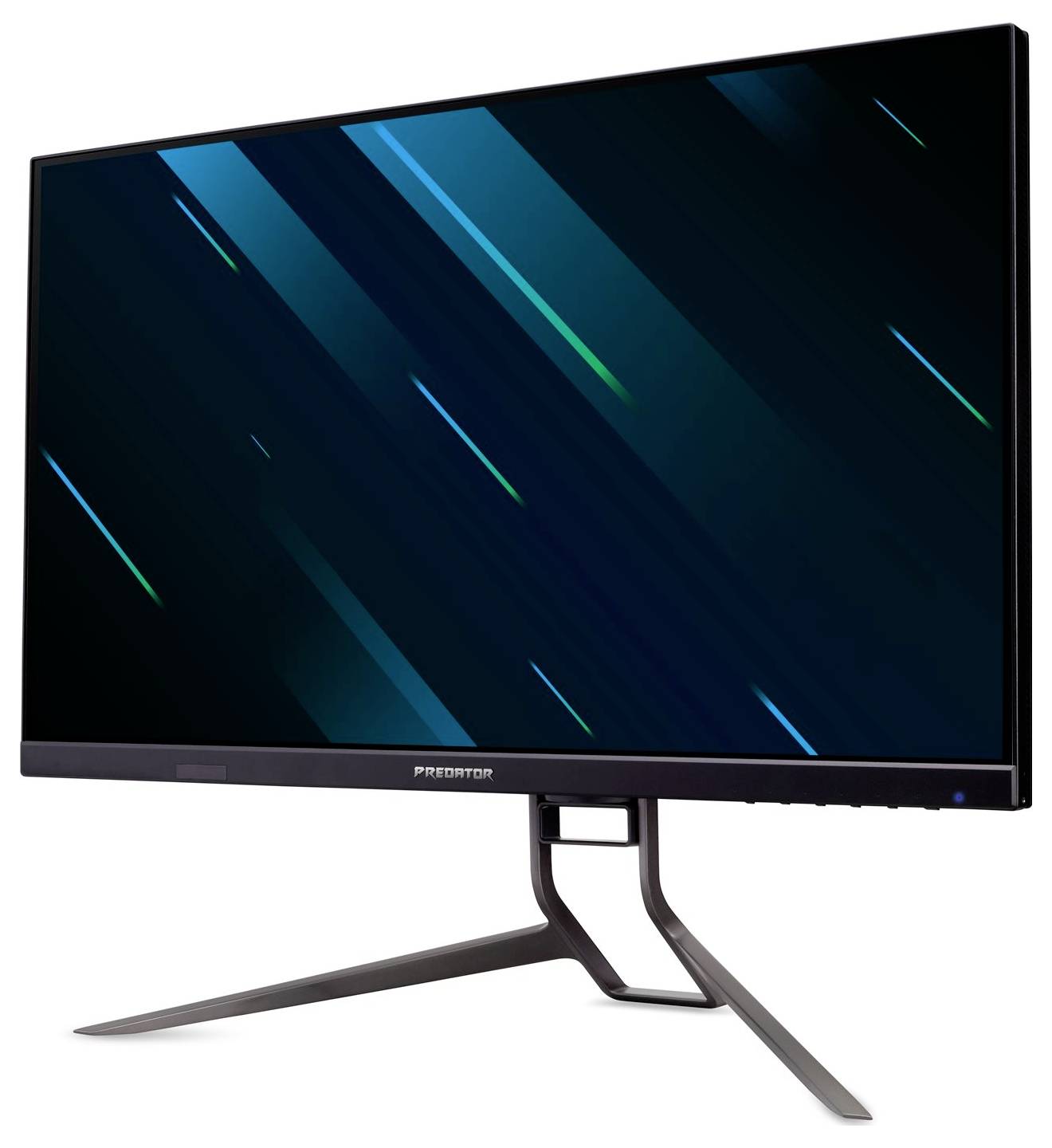 Monitor panoramiczny ze smukłą podstawą, wyświetlający na ekranie ciemnoniebieski wzór geometryczny.