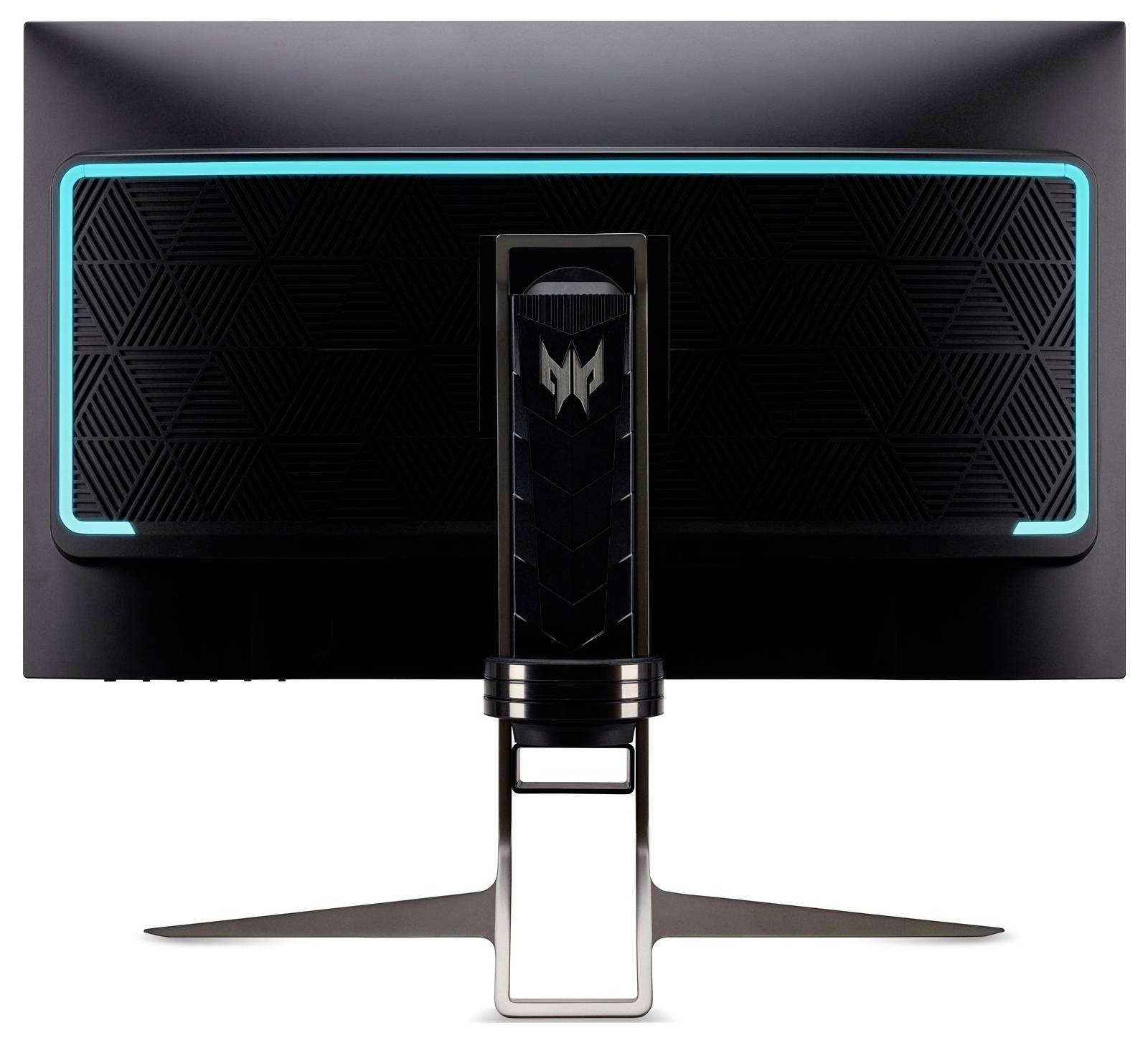 Obraz przedstawia tył czarnego monitora komputerowego z niebieskimi akcentami i geometrycznym wzorem, wspieranego przez smukłą metalową podstawę.