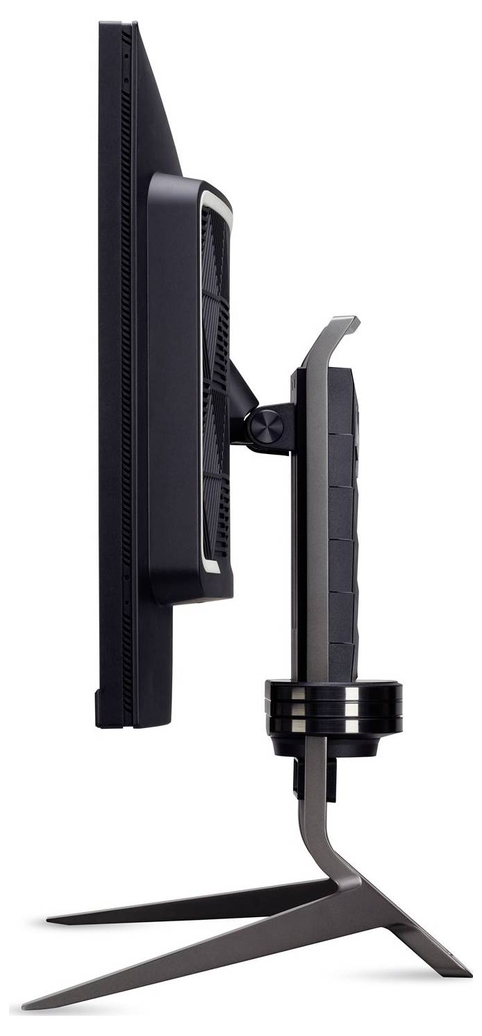 Smukły, boczny widok płaskiego monitora z nowoczesną podstawą, podkreślający jego cienką konstrukcję i kątowy cokół.