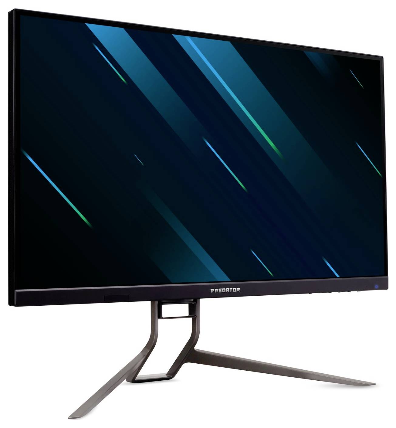 Smukły, nowoczesny monitor komputerowy ze stojakiem o geometrycznym wzorze, wyświetlający ciemny ekran z niebieskimi i zielonymi liniami ukośnymi.