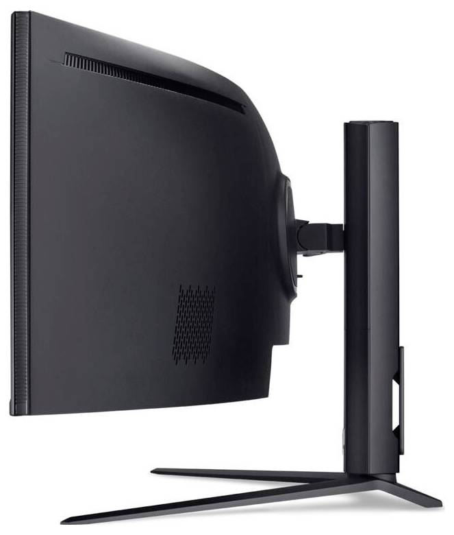 Widok z boku czarnego monitora komputerowego z zakrzywionym ekranem na podstawce, podkreślający jego smukłą sylwetkę i regulowane funkcje.