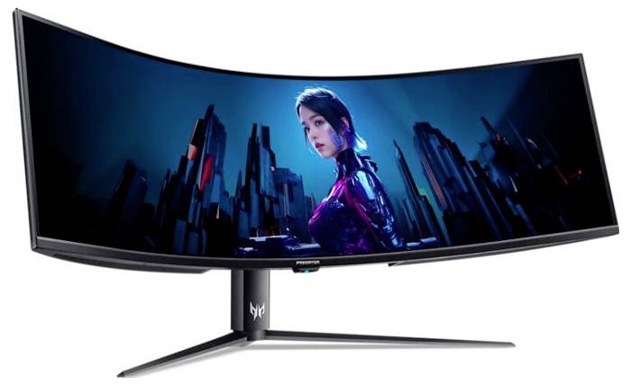 Ultraszeroki monitor do gier wyświetlający futurystyczną panoramę miasta z osobą w czerwonym stroju, sugerujący immersyjne doświadczenie grania.