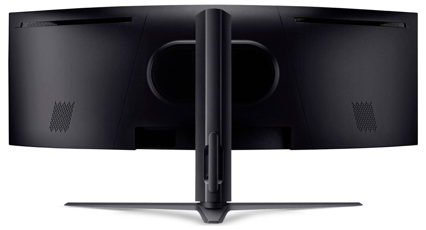 Widok z tyłu dużego, zakrzywionego monitora komputerowego na podstawce, z widocznymi otworami wentylacyjnymi na jego powierzchni.