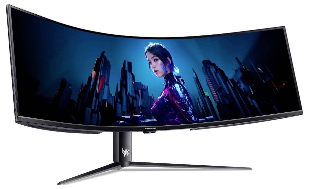 Zakrzywiony, szeroki monitor gamingowy wyświetla futurystyczną panoramę miasta z postacią na pierwszym planie, podkreślając immersyjne wizualizacje z gry.