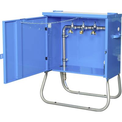 Otwarty niebieski metalowy skrzynkowy pojemnik użytkowy, przedstawiający wnętrze instalacji hydraulicznej z trzema mosiężnymi zaworami połączonymi z rurami, stojący na metalowej ramie.