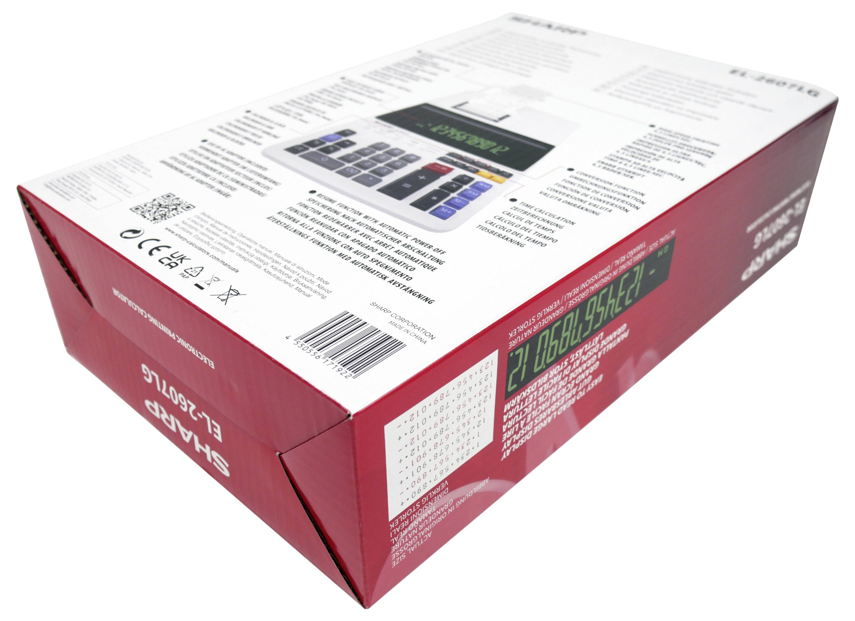 Czerwone i białe opakowanie pudełkowe kalkulatora Sharp EL-2196BL. Zawiera zdjęcie produktu, specyfikacje i kod kreskowy na bokach.