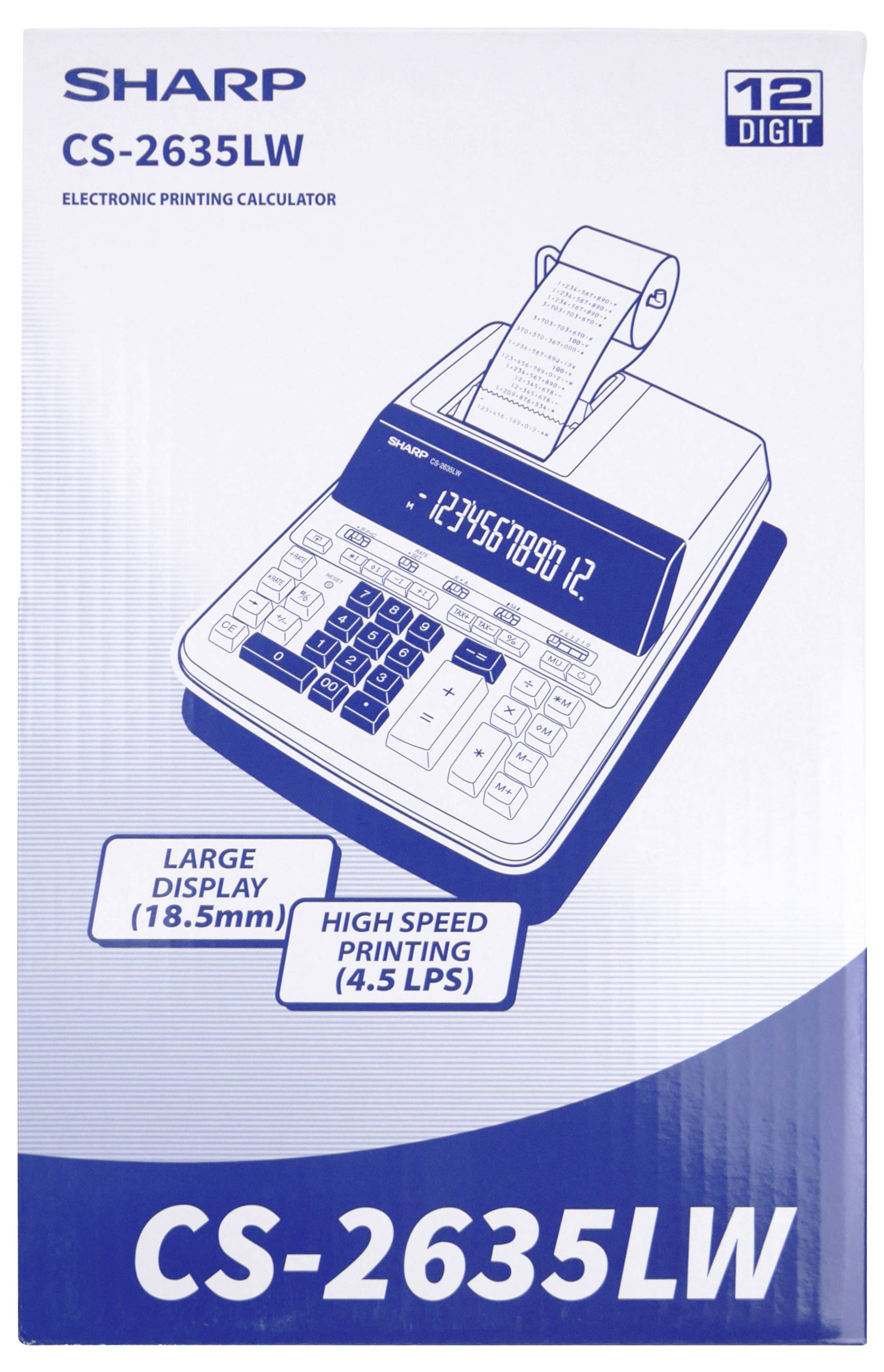 Kalkulator elektroniczny Sharp CS-2635LW z wyświetlaczem 12-cyfrowym i szybkim drukowaniem 4,5 linii na sekundę.