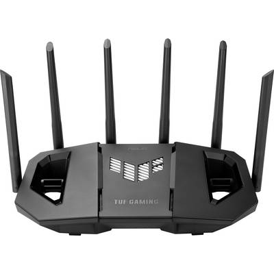 Czarny router do gier z sześcioma antenami, oznaczony etykietą 'TUF Gaming', zaprojektowany z myślą o zwiększonej łączności bezprzewodowej i wydajności.