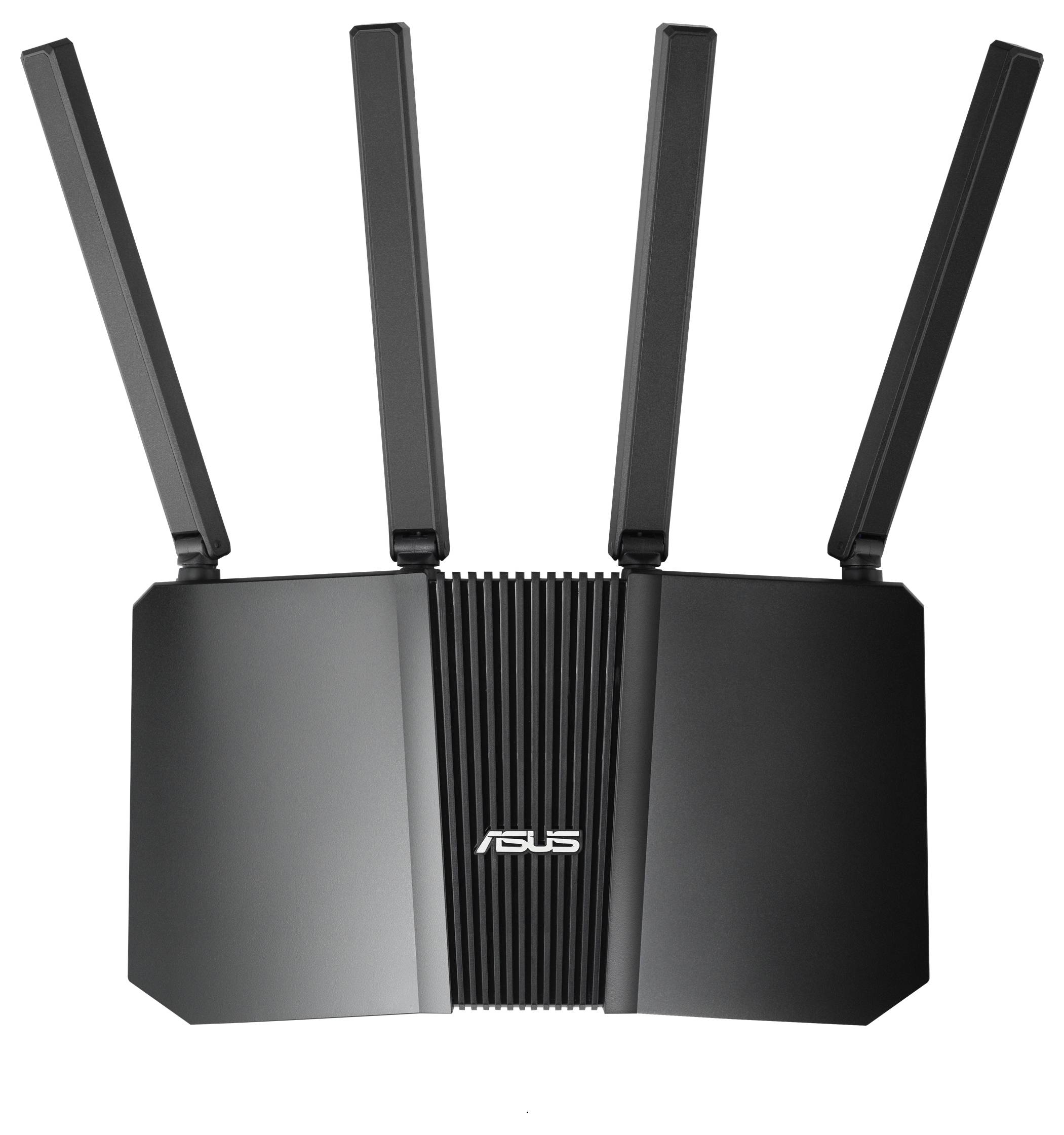 Czarny bezprzewodowy router ASUS z czterema antenami ustawionymi pionowo, zaprojektowany do szybkiego połączenia internetowego.