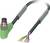 Przewód z zielonym złączem kątowym 90 stopni na jednym końcu i siedmioma nieosłoniętymi kolorowymi przewodami na drugim końcu.