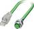 Zielony przemysłowy kabel ethernetowy z wtykiem RJ45 na jednym końcu i złączem kołowym na drugim końcu, stosowany do komunikacji danych.
