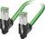 Zielony kabel krosowy sieciowy z dwoma czarnymi złączami, zakrzywiony w kształt litery U, używany do podłączania urządzeń elektronicznych do sieci.