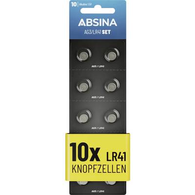 Opakowanie 10 baterii guzikowych ABSINA AG3/LR41 o napięciu 1,5V, alkalicznych, zaprezentowanych w niebiesko-czarnym opakowaniu z żółtą etykietą.