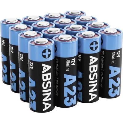 Zbiór dwudziestu niebiesko-czarnych baterii alkalicznych A23, oznaczonych etykietą 'ABSINA 12V Alkaline', z symbolem plus na wierzchu, ułożonych w rzędach.