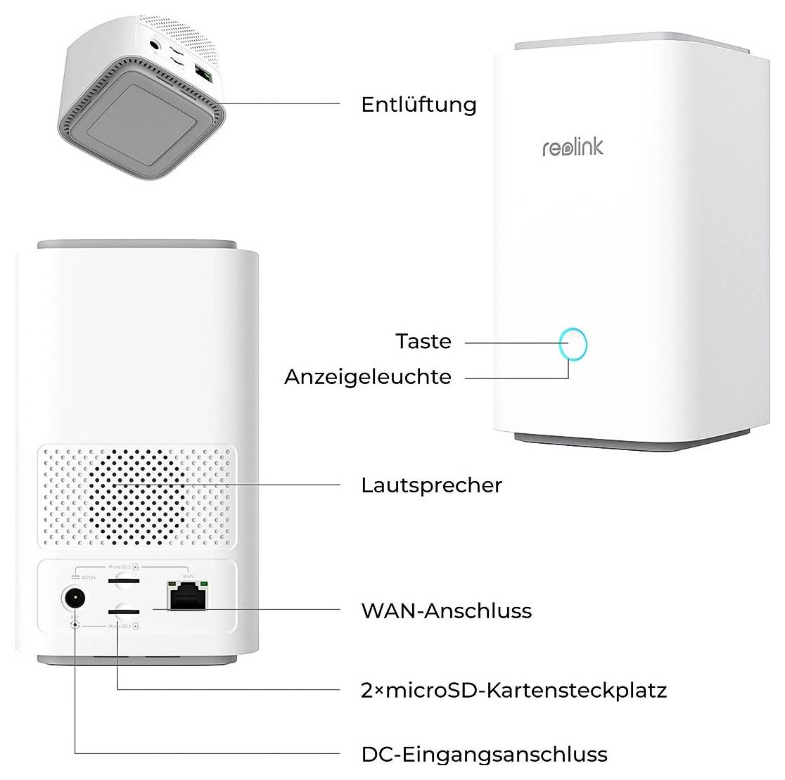 Obraz przedstawia urządzenie sieciowe z oznaczonymi częściami: wentylacja, głośnik, port WAN, 2 sloty na kartę mikroSD, wejście prądu stałego, przycisk i wskaźnik statusu.