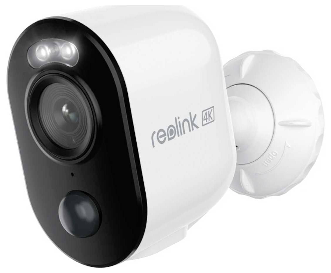 Biała kamera bezpieczeństwa oznaczona etykietą 'reolink 4K' posiada duży obiektyw, dwie diody LED oraz czujnik ruchu na czarnym przednim panelu.