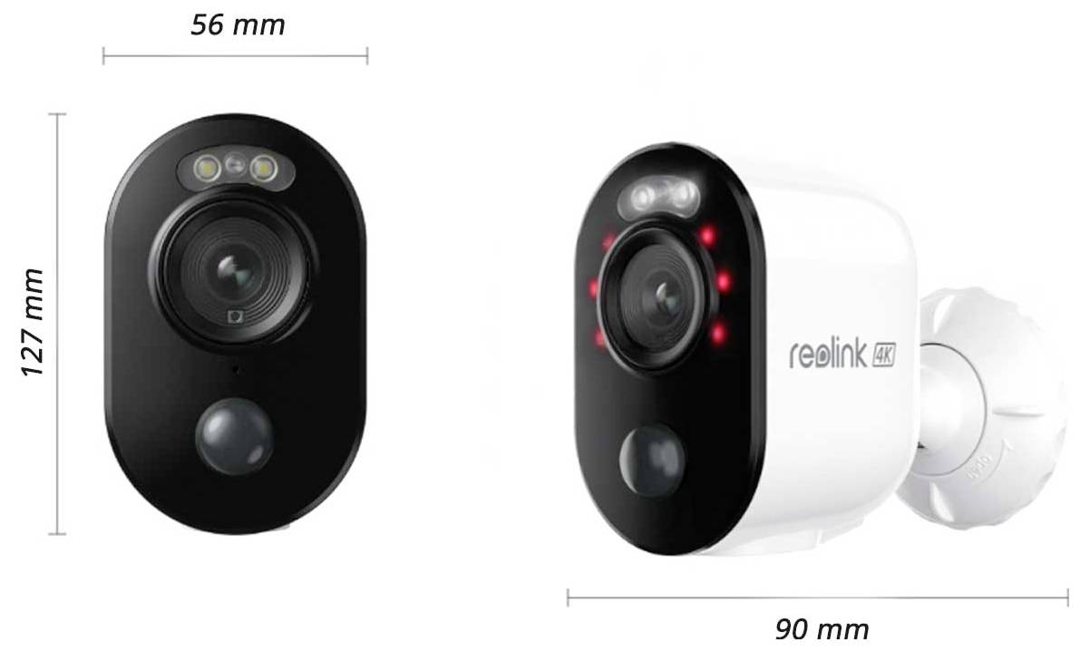 Pokazane są dwie kamery bezpieczeństwa. Czarna kamera po lewej stronie ma 127 mm x 56 mm. Biała kamera po prawej stronie jest długa na 90 mm.