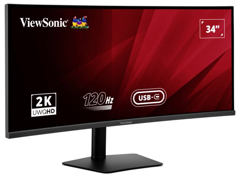 Monitor ultrawide 34-calowy z rozdzielczością 2K UWQHD, częstotliwością odświeżania 120 Hz i wejściem USB-C, przedstawiony pod kątem z czerwonym tłem w tle.