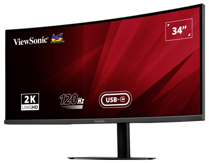 34-calowy zakrzywiony monitor ViewSonic z rozdzielczością 2K, częstotliwością odświeżania 120 Hz i złączem USB-C, prezentujący elegancką czerwoną grafikę w tle.