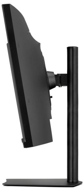 Cienki czarny monitor komputerowy, oglądany z boku, zamontowany na cylindrycznym stojaku.