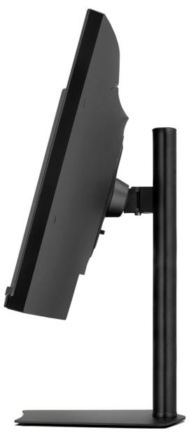 Smukły czarny monitor komputerowy o cienkiej sylwetce jest widoczny z boku, zamocowany na pionowej podstawie z prostokątną bazą.