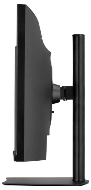 Widok z boku cienkiego monitora komputerowego zamontowanego na pionowym stojaku, prezentujący jego smukłą czarną sylwetkę i minimalną ramkę.