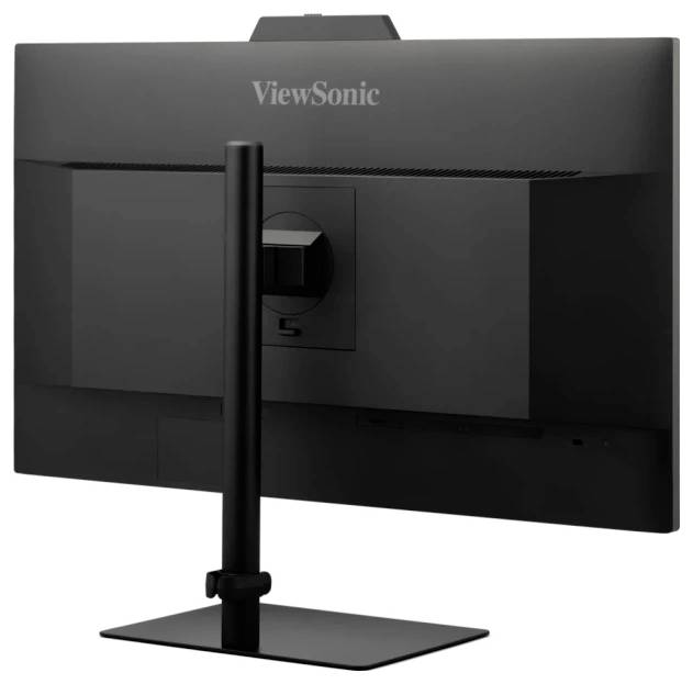 Monitor 'ViewSonic' w kolorze czarnym ze stabilną regulowaną podstawą, widok z tyłu ukazujący złącza i wentylację.