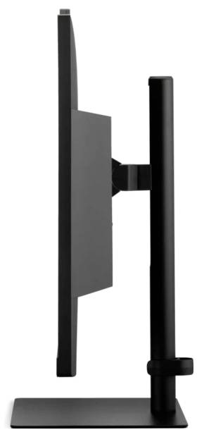 Widok z boku smukłego, nowoczesnego monitora komputerowego na czarnej podstawce, podkreślający jego cienki profil i elegancki design.
