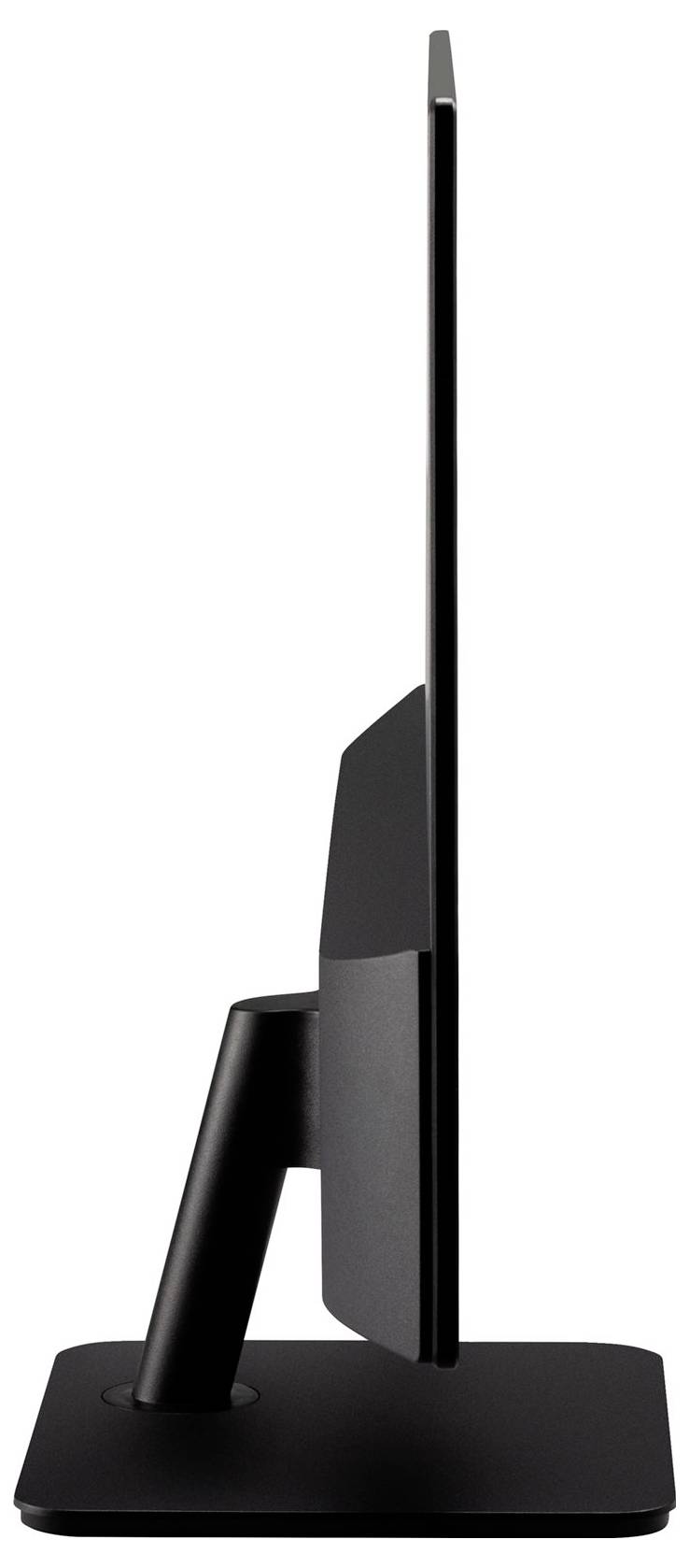 Czarny, ultracienki monitor komputerowy widziany z boku, ukazujący swoją smukłą sylwetkę i elegancki design, stojący na prostokątnej podstawie.