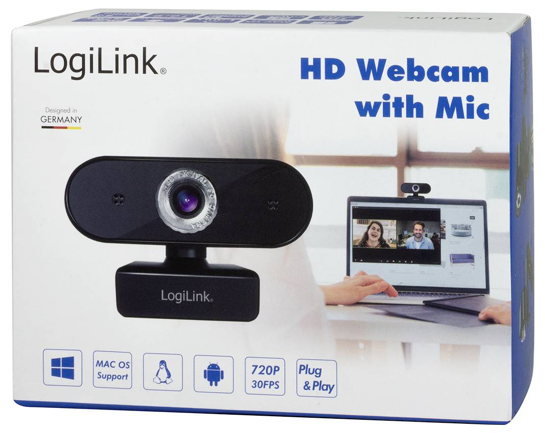 Opakowanie 'LogiLink HD Webcam with Mic' przedstawia kamerę internetową i komputer podczas rozmowy wideo. Funkcje obejmują wsparcie dla systemu MAC OS, rozdzielczość 720P, 30 klatek na sekundę (FPS), oraz technologię Plug & Play.