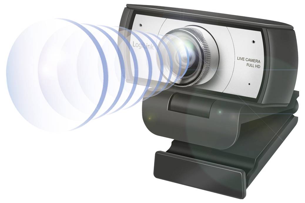 Czarna i srebrna kamera internetowa z etykietą Live Camera Full HD, wyposażona w obiektyw i zacisk montażowy, emitująca niebieskie współśrodkowe okręgi.