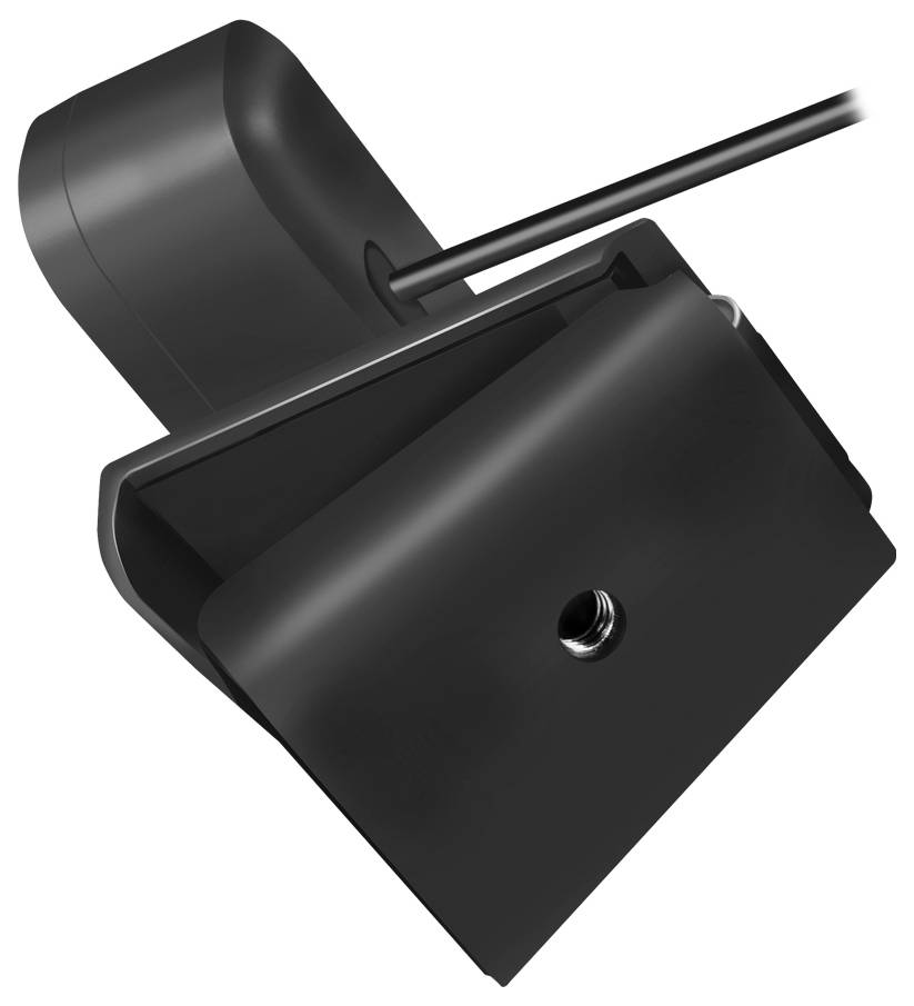 Czarny, kątowy elektroniczny przyrząd z kablem i centralnym otworem, prawdopodobnie używany do montażu lub zabezpieczenia, widziany z boku.