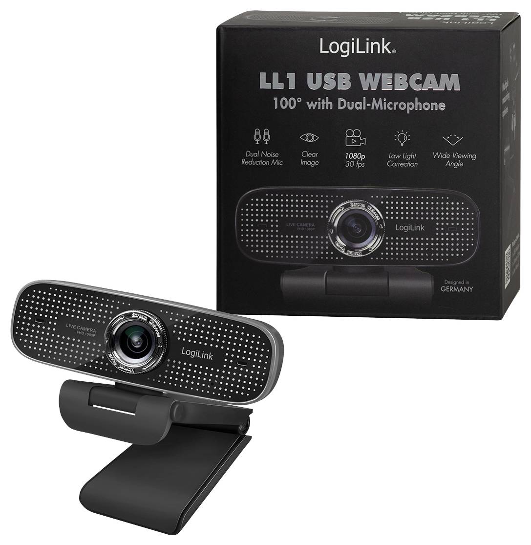 LogiLink LL1 kamera internetowa USB z podwójnymi mikrofonami, rozdzielczość 1080p, szeroki kąt widzenia, korekcja niskiego oświetlenia; w tle widoczne pudełko.