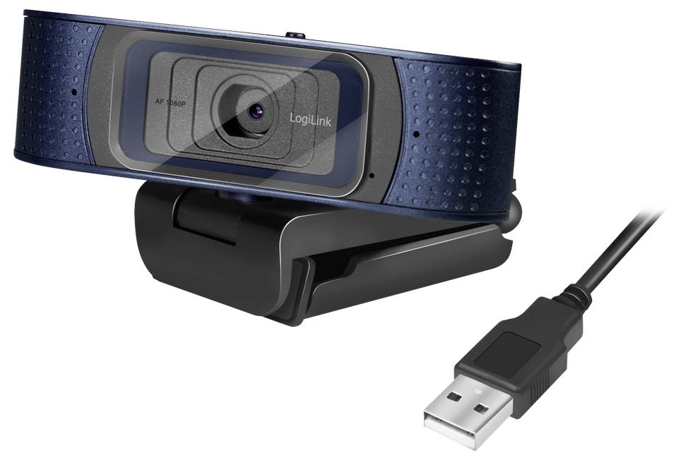 Kamera internetowa 'LogiLink' z szerokim obiektywem, zamontowana na elastycznym statywie, z dołączonym kablem USB do podłączenia.