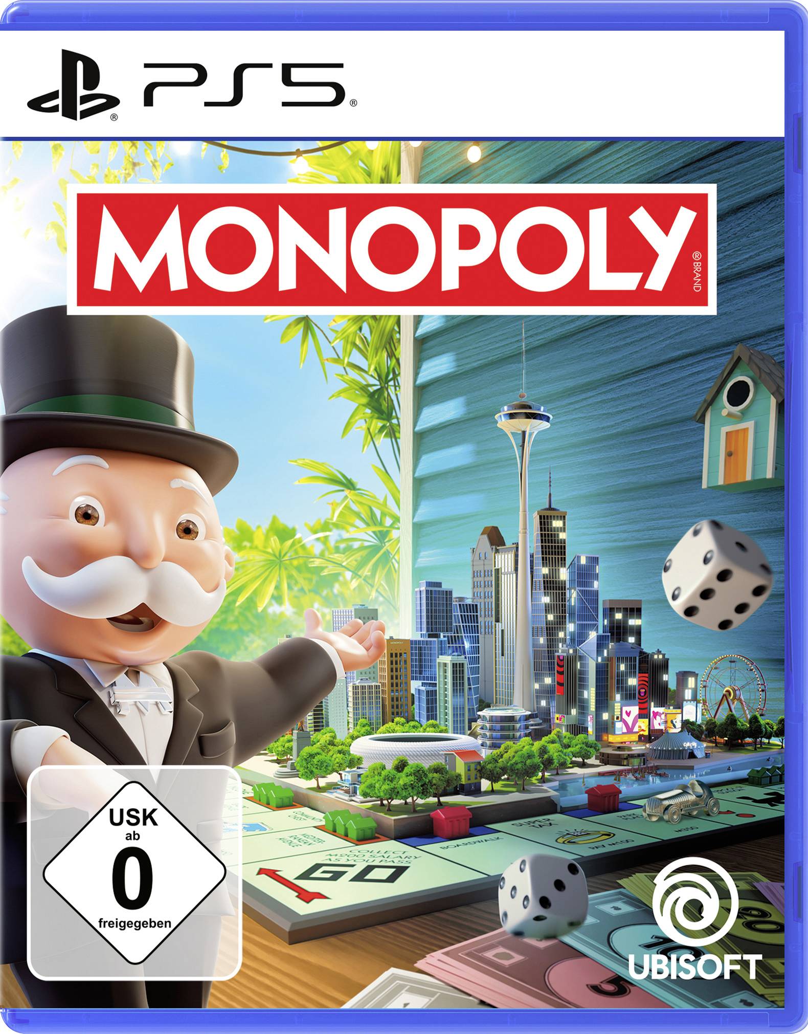 Okładka gry Monopoly na PS5: Pan Monopoly z kostkami i żywą panoramą miasta, w tym IglicąSpace Needle oraz nowoczesnymi budynkami.