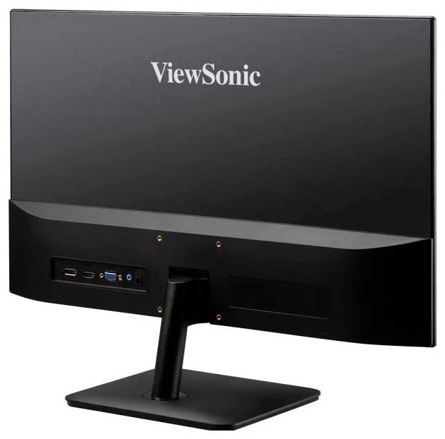 Tylny widok monitora LCD ViewSonic prezentujący porty wejściowe, w tym HDMI i VGA, z dołączonym czarnym stojakiem.