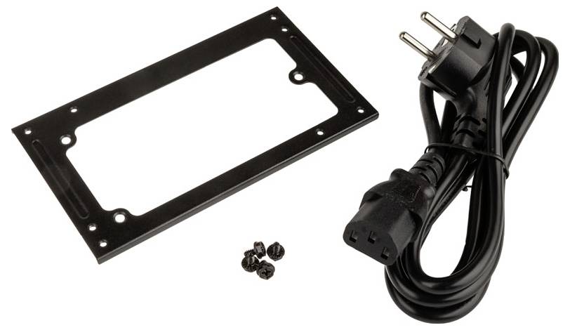 Czarny przewód zasilający z wtyczką europejską, metalowy uchwyt montażowy i cztery małe śruby są przedstawione.