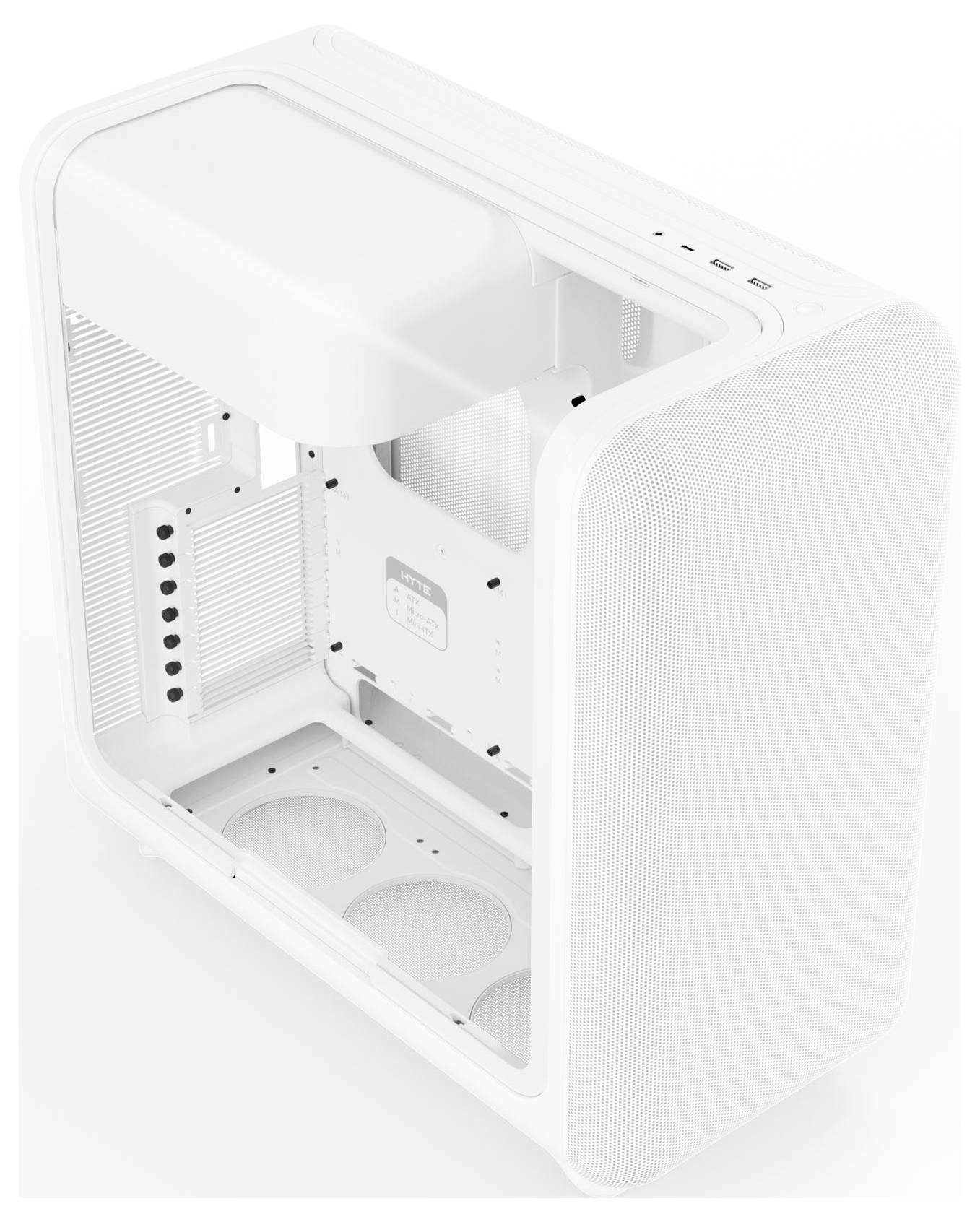 Biała, otwarta obudowa komputera pokazująca sloty montażowe i wewnętrzne kompartymenty, zaprojektowana do budowy niestandardowego komputera stacjonarnego.