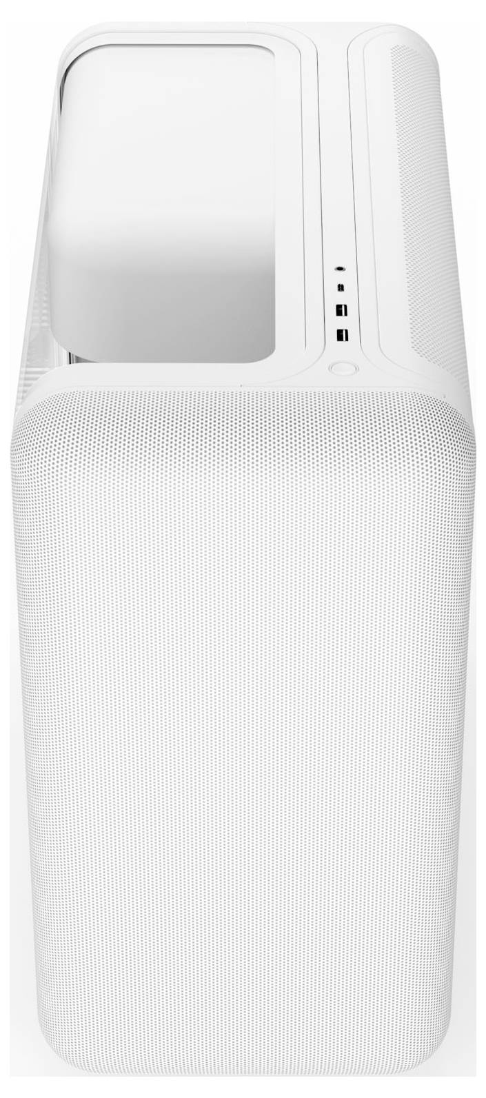Biała obudowa komputera o eleganckiej sylwetce z wieloma portami z boku, prezentująca minimalistyczną estetykę i funkcjonalne możliwości podłączenia.
