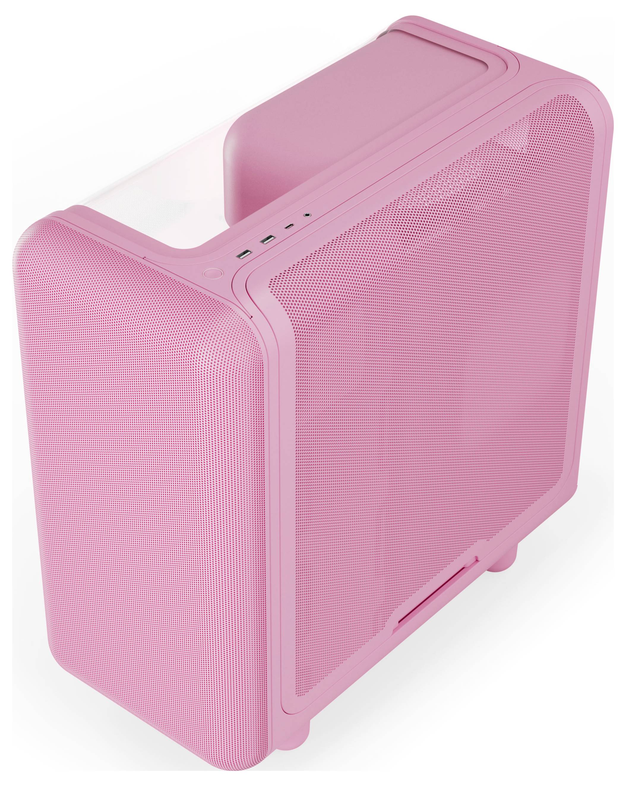 Różowa obudowa komputera typu tower z gładkim designem, siatką wentylacyjną na panelu przednim i portami USB na górze.