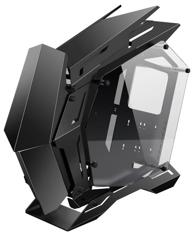 Smukła, kątowa czarna obudowa komputera z przezroczystym panelem bocznym, charakteryzująca się otwartą, szkieletową konstrukcją.