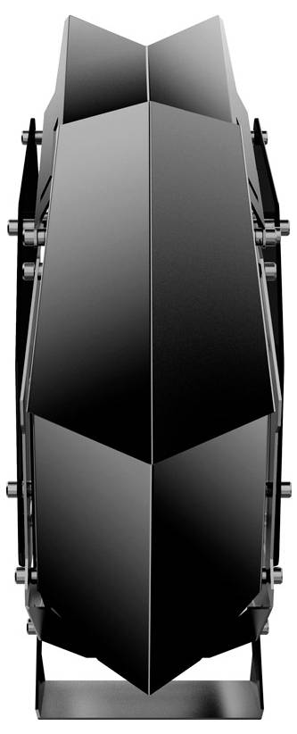 Smukły, czarny, kanciasty urządzenie o futurystycznym designie, oglądane z boku, z wieloma metalowymi mocowaniami wzdłuż krawędzi.