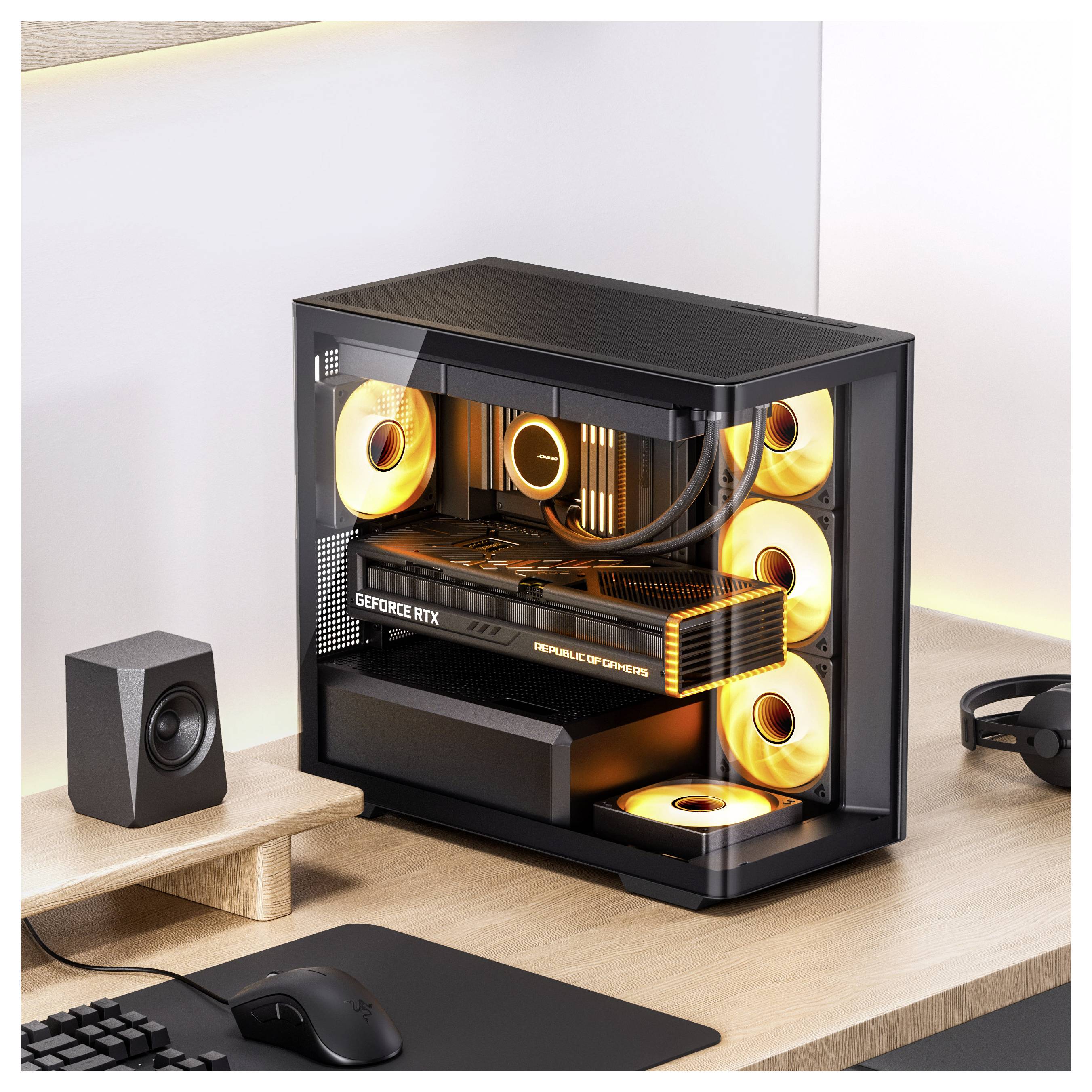 Nowoczesny komputer do gier z przezroczystą obudową jest podświetlony pomarańczowymi diodami LED. Jest wyposażony w kartę graficzną 'GeForce RTX'.
